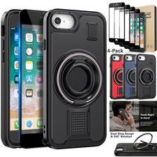 For iPhone 8 Shockproof Rugged Case Ring Kickstand Hard Cover / Tempered Glass