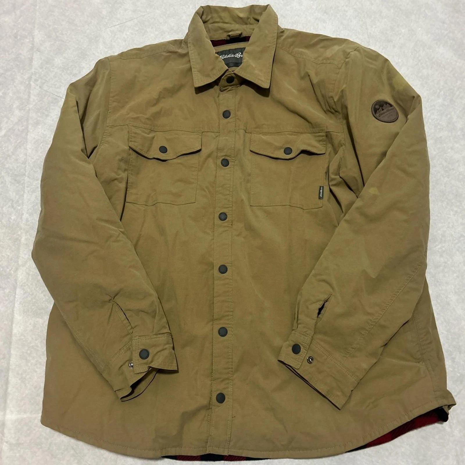 Eddie Bauer Tan Red Plaid Lining Barn Shacket XL *Flawed