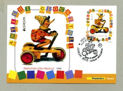 PINOCCHIO WITH TRICYCLE PHILATELIC POSTCARD 2015 MAXIMUM CARD