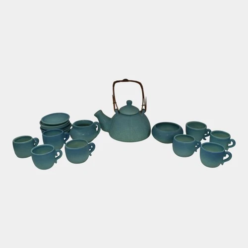 Van Briggle 1940s Vintage Art Pottery Blue Ceramic Tea Set And Mugs