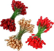 BBTO 300Pcs Artificial Holly Berries on 150 Wire Stems, Fake Dark Red Gold Branc