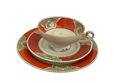knalliges Kaffeegedeck Kahla rot bunt mit blumigen Ornamenten 1 Person - wie neu