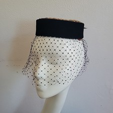 Vintage Beaded Butterflies Velvet Netted Pillbox Hat Black Elegant Glam MCM
