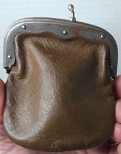 Antique KissLock Coin Purse Brown Leather Double Sided