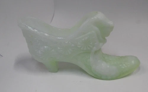 Fenton Green and White Opalescent Cat Head Shoe Slipper