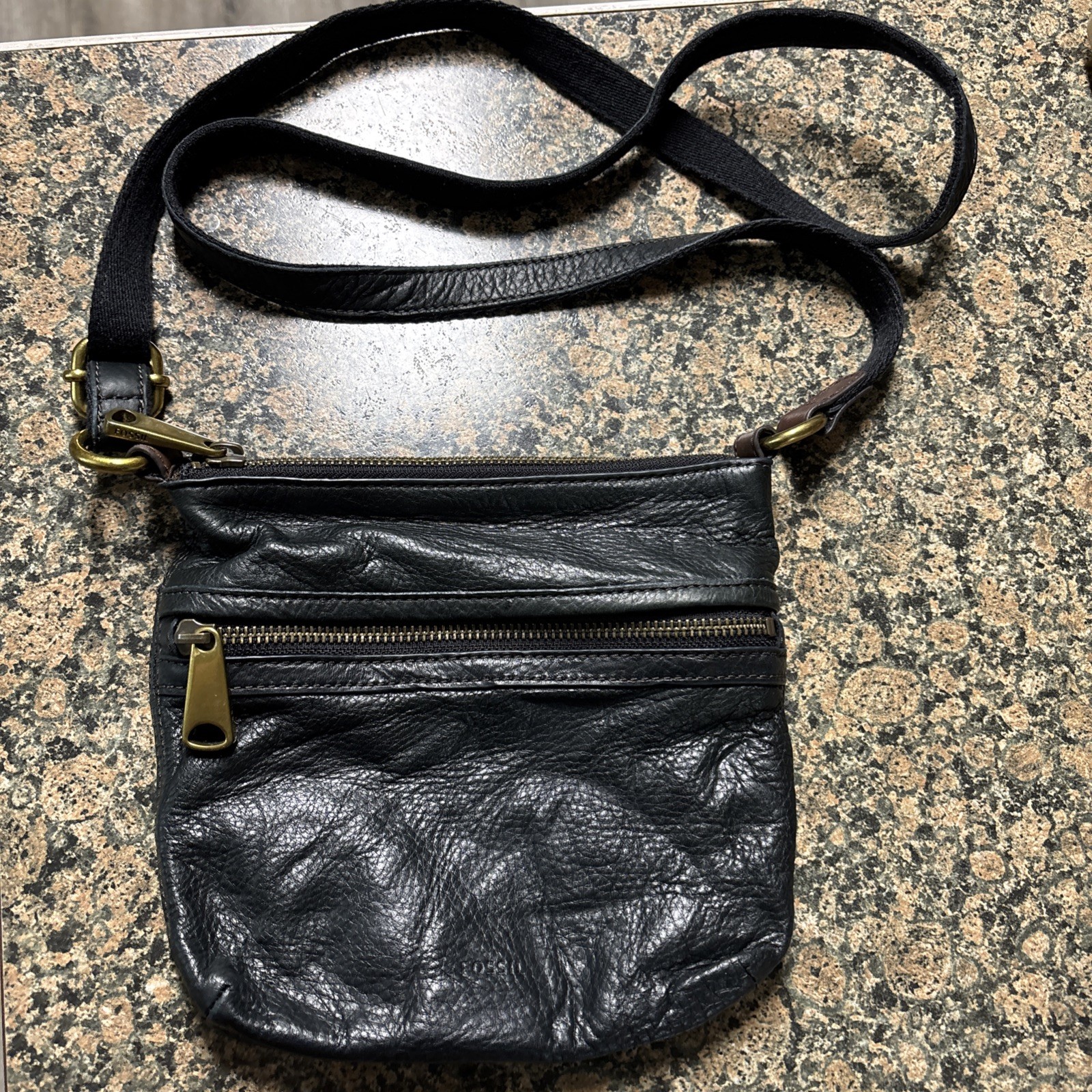 VINTAGE Fossil Leather Purse Black Double Zip Crossbody Shoulder Small Bag