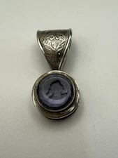 Vintage Repousse Sterling Intaglio Purple Glass Pendant
