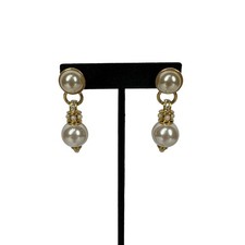Womens Faux Double Pearl Drop Earrings Gold Tone Dangle Elegant Classic