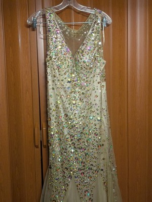 Glow Dress 14 Beige Tan Formal Wedding Prom Dress Gown Halter Bling Chiffon  | eBay