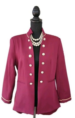 Women's Suit Jacket M/L Burgundy Red Gold Mandarin Collar Military Style 10 12