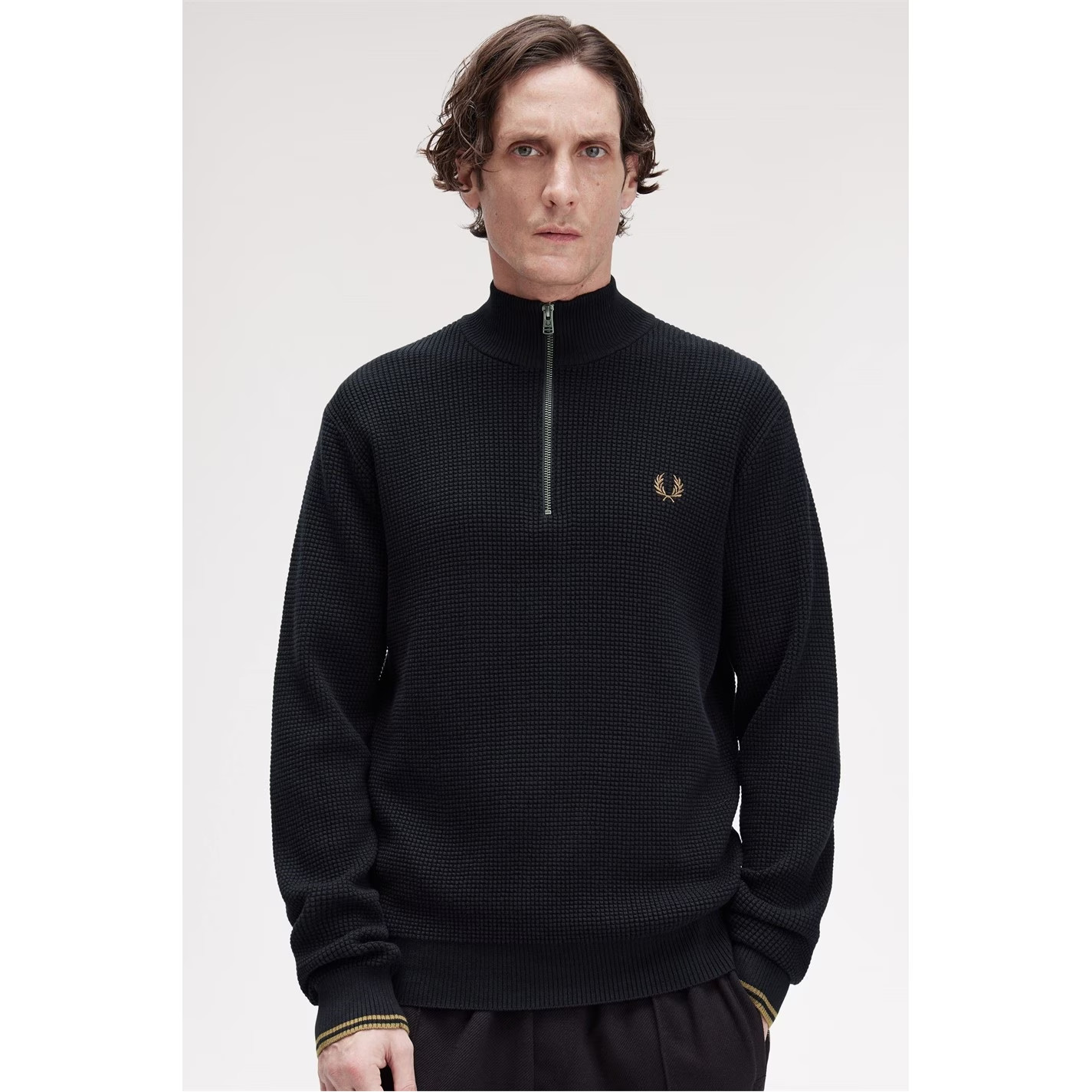 FRED PERRY * BNWT * SIZE XL BLACK MENS WAFFLE STITCH HALF ZIP NECK COTTON JUMPER