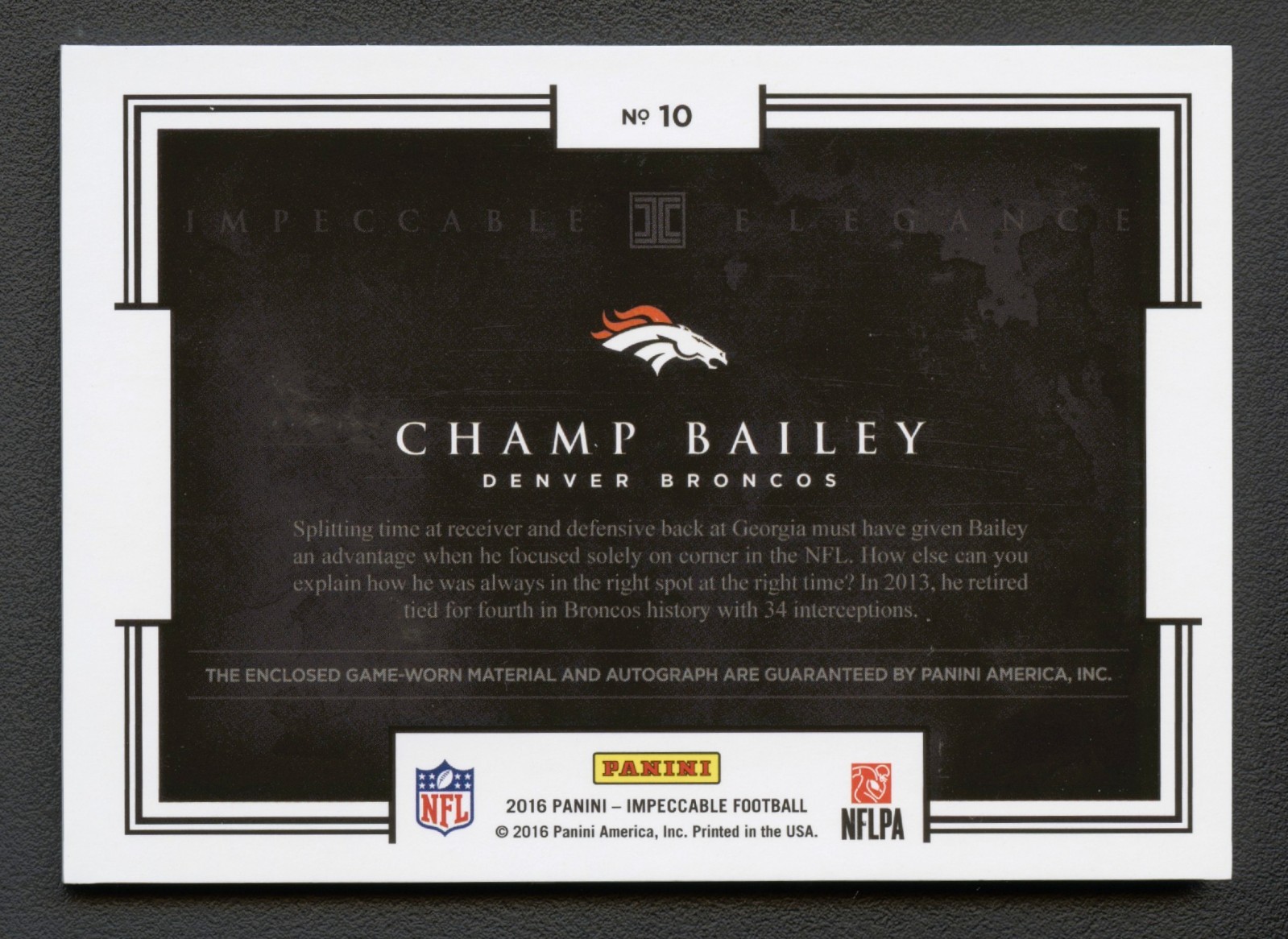 CHAMP BAILEY 2016 IMPECCABLE ELEGANCE BRONCOS PATCH AUTO AUTOGRAPH /50 GAME-USED view 2