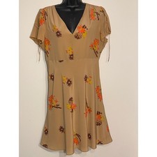 Madewell Silk Floral V-Neck Mini Dress Tan Orange Tie Sleeve Womens 10