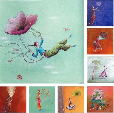 Gaelle Boissonnard''Frau m. Blumen'' Postkarte 14x14  Grußkarte Aquarupella Ausw.