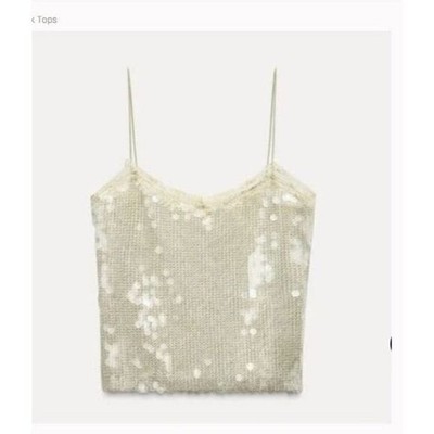 Zara Womens Cami Top lace trimmed sequin camisole top Size M Clear