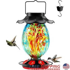 Solar Hummingbird Feeder Color Changing Glass 7 Ports Leak Proof Outdoors New