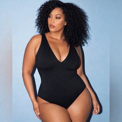 TA3 Womens Plungey Swimsuit Sz XL Black One Piece Snatched Cinch Waist Sculpting