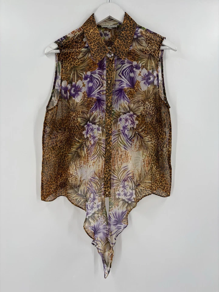 Top donna Alberto Makali con bottoni grande marrone viola 100% seta leopardato floreale - Immagine 2 di 4