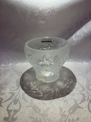 Lalique Candle Holder Mini Vase Crystal leaf pattern W/box France