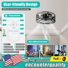 18 Caged Ceiling Fan with Light Black Iron Metal Round Lamp Chandelier 3 Speeds