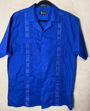 Omega Fashion GUAYABERA Button Up Navy Blue Embroidered Mexican Cuban SZ L