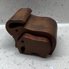Wooden Elephant Puzzle Hidden Trinket Box Mom & Baby Carved Wood Decor Gift