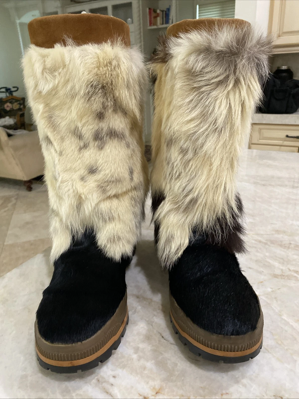 Oscar Sport Italy FUR Winter Snow Southwestern Black White Apres Ski Boots EU 44