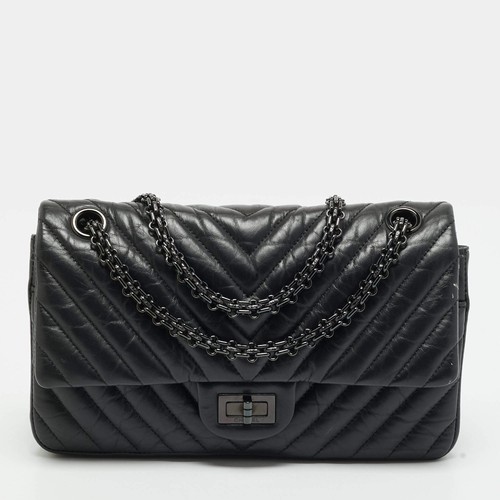 Chanel Reissue 2.55 255 Black Chevron Leather Flap Bag