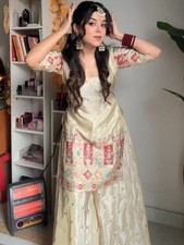 Women Ethnic Motifs Embroidered Salwar Suit Set with Sharara and Dupatta, Off Wh