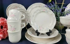 Tea Rose by Pfaltzgraff Dinnerware Lot of 25 - Pink Roses, Blue Flowers 