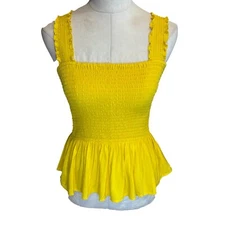 Elodie Women Tank Top Yellow Smocked Square Neck Peplum Medium Excellent