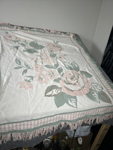 Vintage Woven Tapestry Throw 52”x 46” Pink And Green Roses