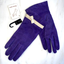 Y2K Vintage Purple Suede Cream Leather Bow Italy Wool Lining Gloves Size 6.5 NWT