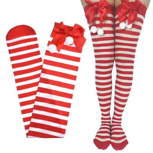 Fashion Christmas Women's Socks Thigh High Striped Over the Knee Stocking Xmas - Picture 1 of 16