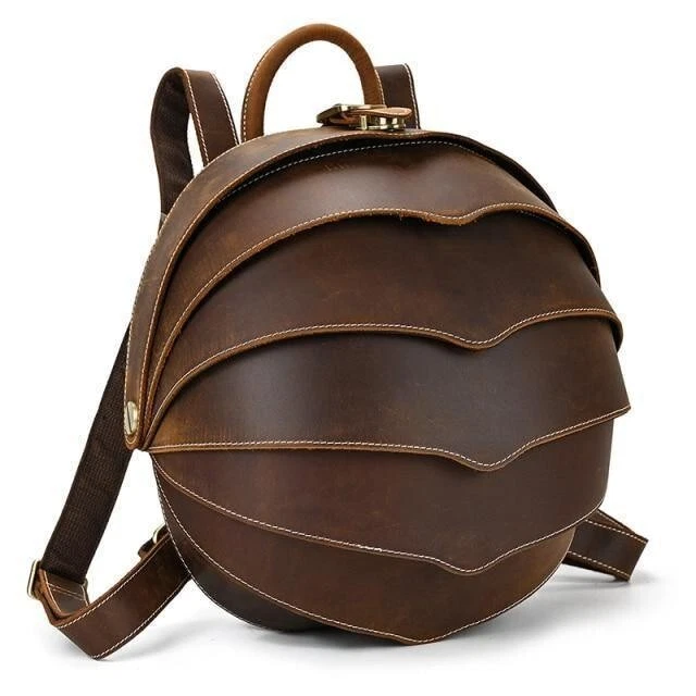 Brown Genuine Leather Backpack Unique Accordian Collapsible Bag