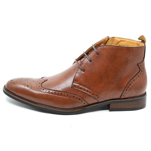 Brown Men's Lace Up Side Zipper Wing Tip Fashion Casual Dress Boot - Picture 2 of 6