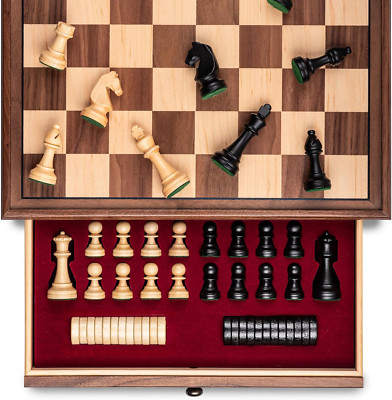 15 Inch Walnut Wooden Chess Sets with Storage Drawer, Triple Weighted Chess Piec