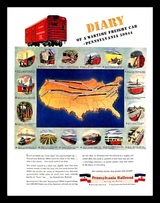 1944 Pennsylvania Railroad Vintage PRINT AD Wartime Freight Car Illustration Map