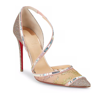 Christian Louboutin Chiara Diams 100 Glitter Crystal Cross Strap Heel Pump 37.5