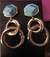 Goldtone  Turquoise 2 inch Dangle Earrings Pierced New in Box