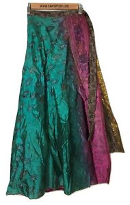 Sari Wrap Skirt Reversible 34&#034;L 44&#034;W Dark Brown and Green Red Two Sided