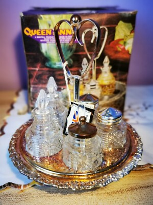 Vintage Queen Anne silver plated glass cruet condiment set Salt Pepper  Retro 70s UK