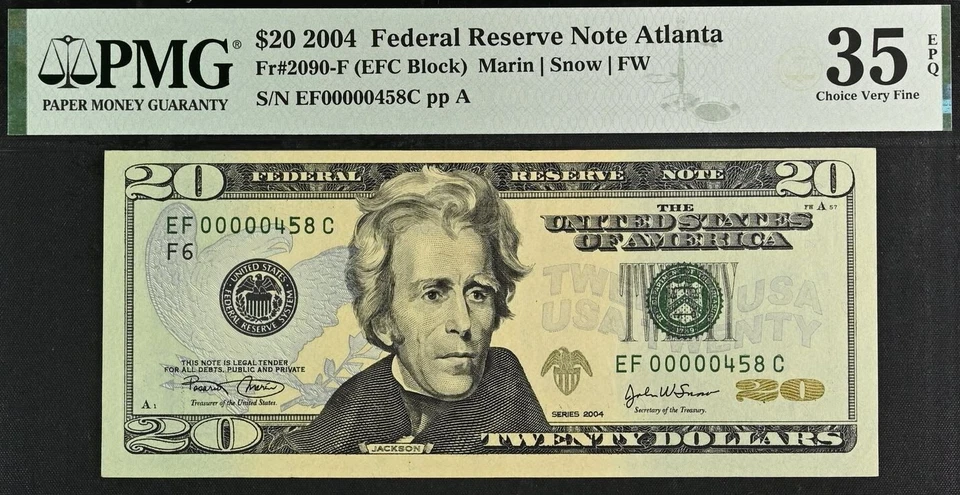 2004 $20 Federal Reserve Note PMG 35EPQ wanted three digit low serial number 458 - Image 2 of 3