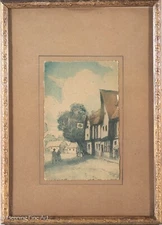 Beautiful Antique Etching of European Village Street Scene, Framed & Charming
