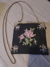 Vintage Embroidery Shoulder Purse Pure Silk . Evening Cocktail 25 " Long Chain