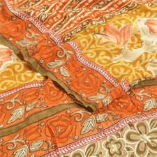 Sanskriti Vintage Saree Orange Pure Crepe Silk Floral Printed Sari 5.5 Yd Fabric