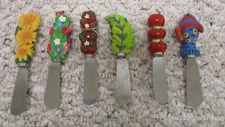 Cheese Spreaders - Jelly Knives - Lot of 6 - Floral Fruit Fish