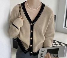 Womens Fashion Winter V Neck Long Sleeve Loose Color Matching Kniting Sweaters