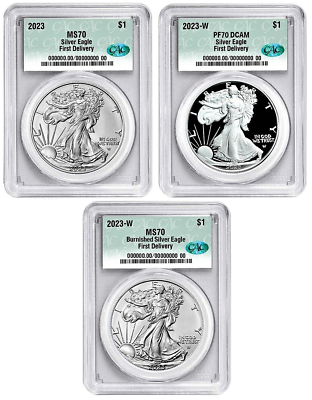2023 SILVER EAGLE 3 COIN SET-CAC PR 70 AND MS 70 FIRST DELIVERY