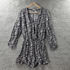 LILY LOVES Womens Jumpsuit Size 10 Black White Grey Floral 3/4 Sleeve V-Neck